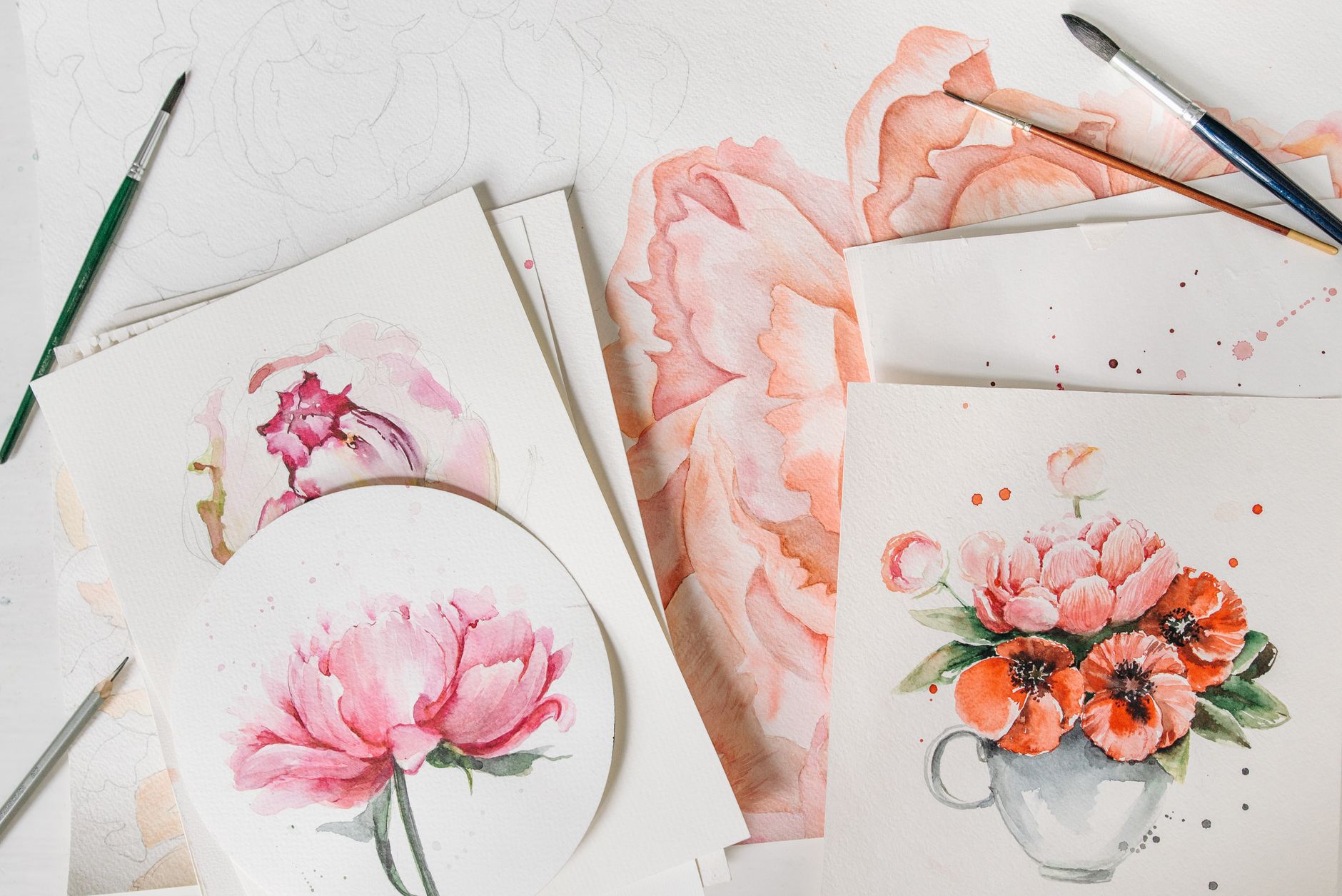 Loose watercolour painting of pink peonies on white paper